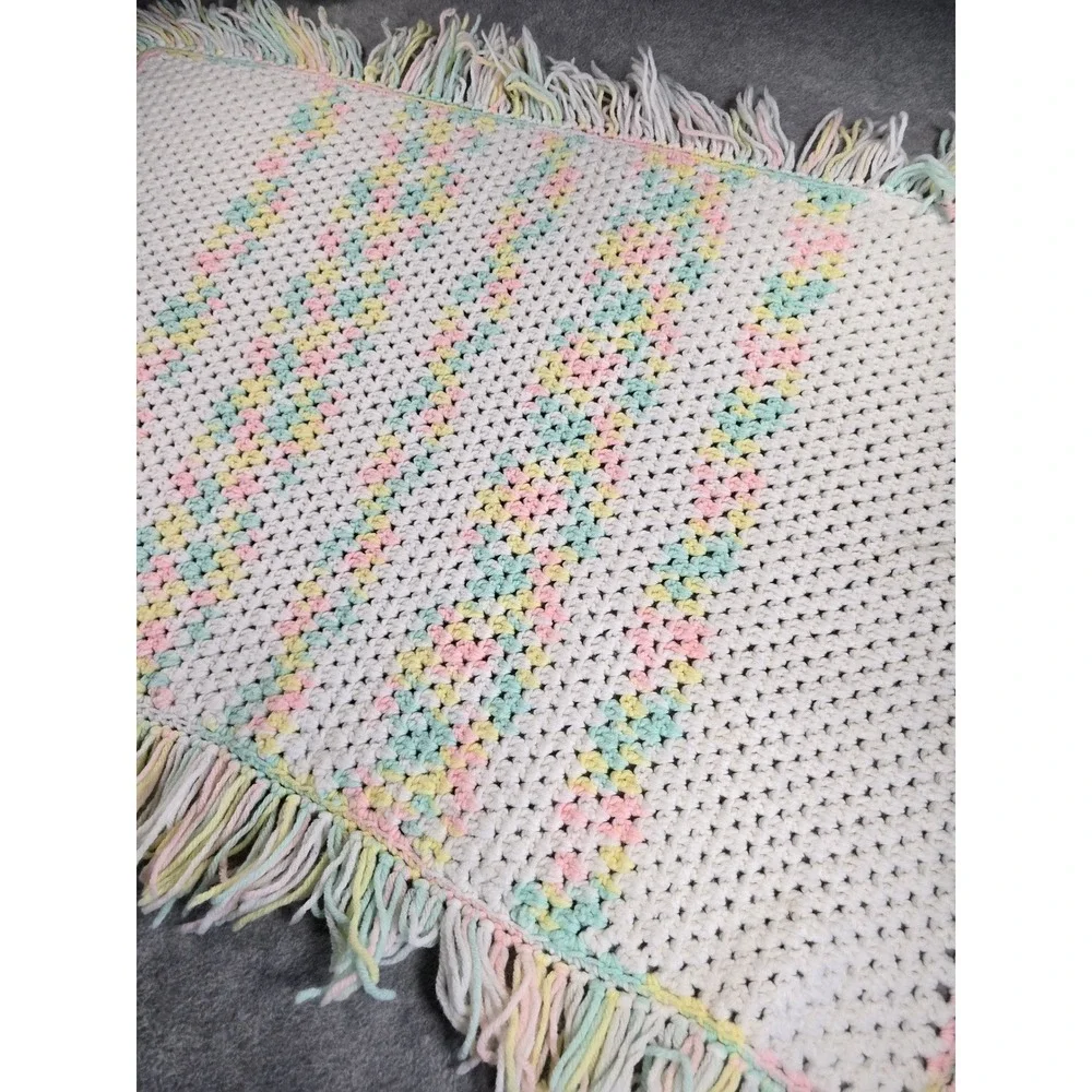 Vintage Handmade Crochet Pastel Rainbow Baby Blanket Fringe Tassel Trim 38x29